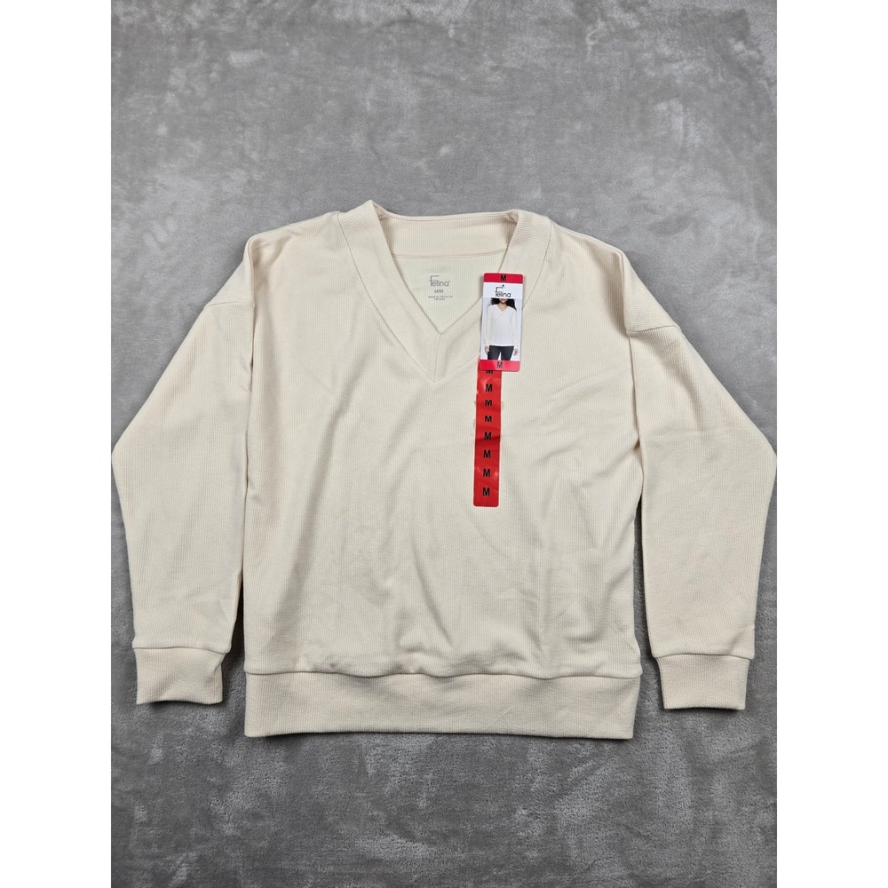 New Felina V-Neck Sweatshirt Women Size M Cream Whitecap Gray‎ Ribbed Pullover